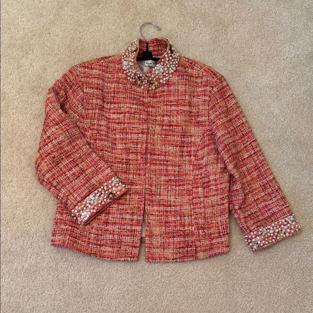 Chico's Multicolor Tweed Blazer with Pearl Details